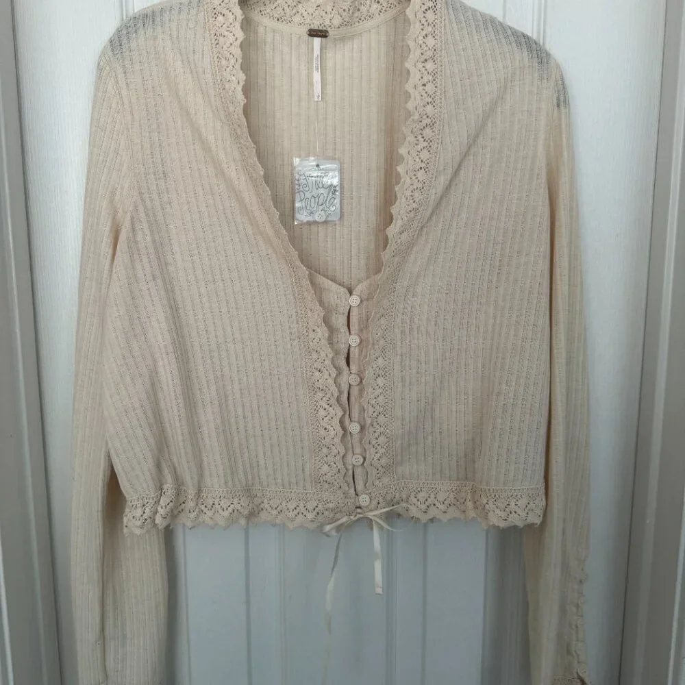 NWT, Free People Third Date Top, Crocheted Hem, Almond / Off-white Color, L